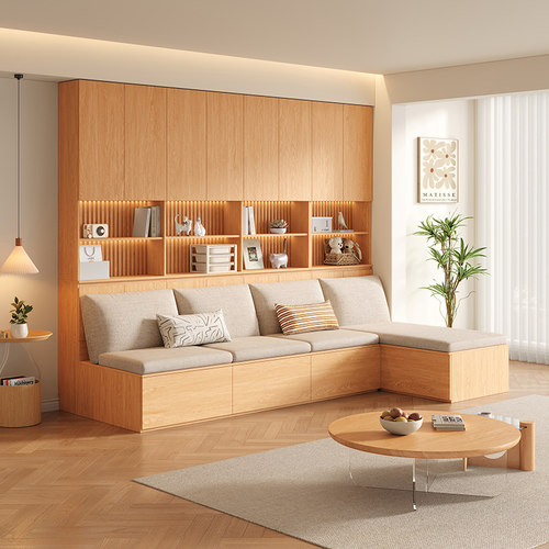 定制实木卡座沙发书柜去客厅化一体靠墙橡木色储物柜落地书架