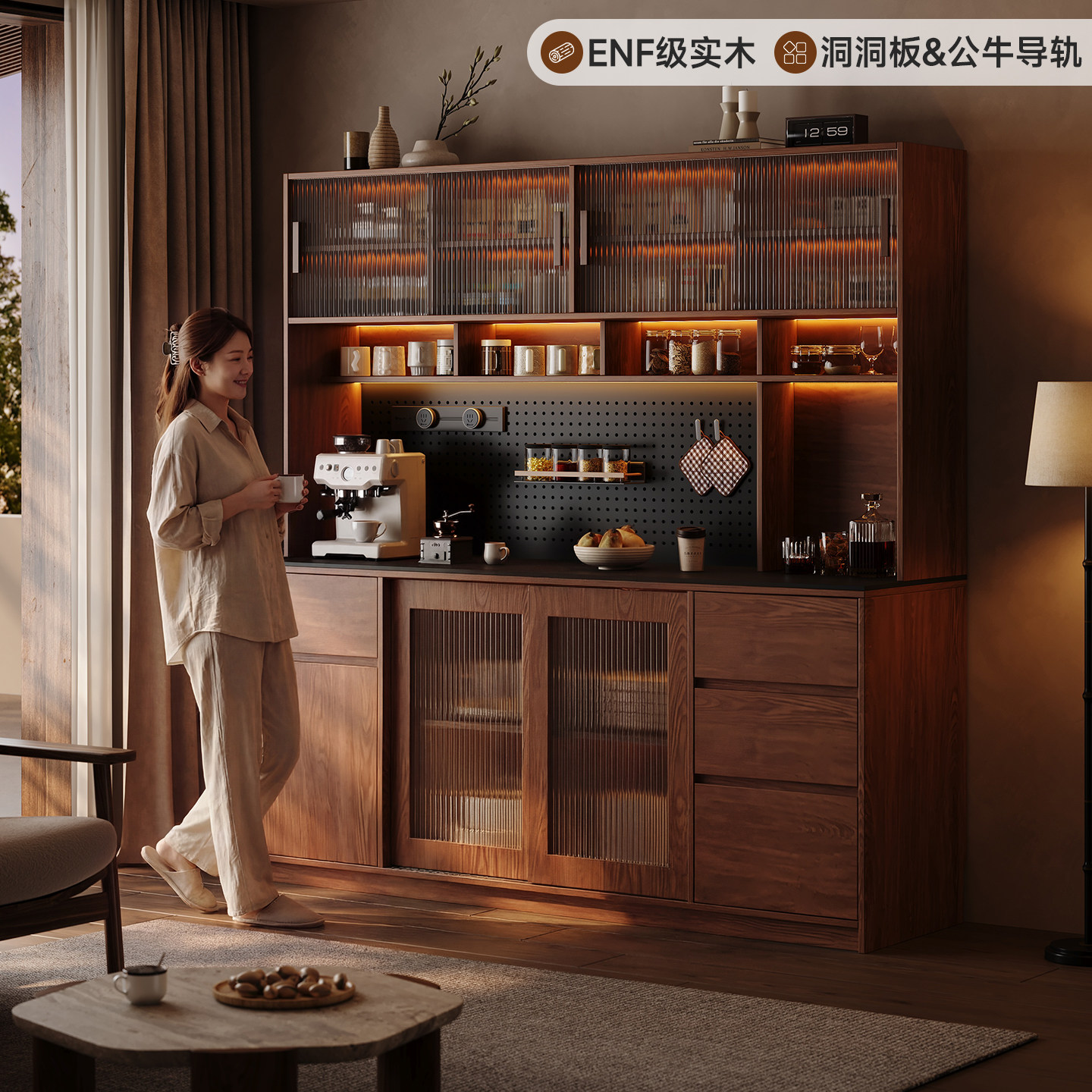 政补实木餐边柜靠墙一体复古风茶水柜厨房碗柜置物柜大容量收纳柜