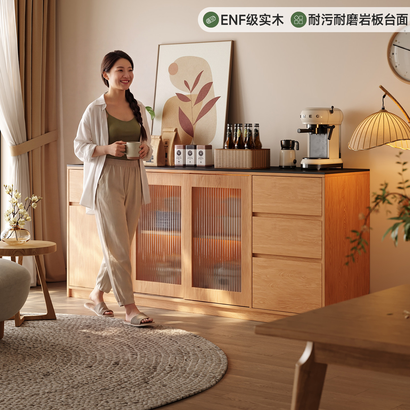 木具格实木餐边柜靠墙一体柜子置物柜客厅家用原木风茶水柜玄关柜