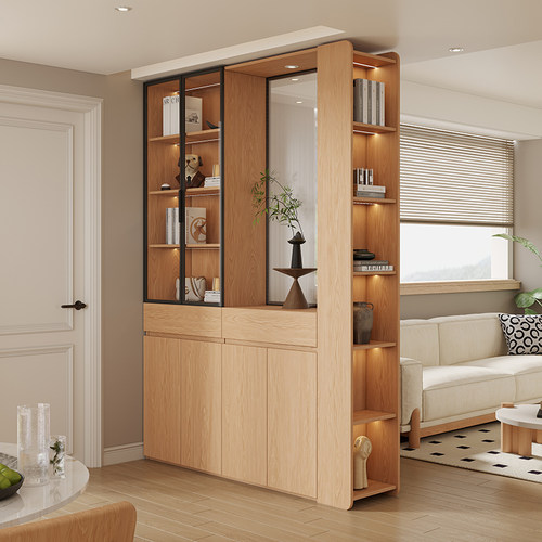 国补定制实木鞋柜家用门口靠墙入户玄关柜橡木色玻璃门客厅隔断柜