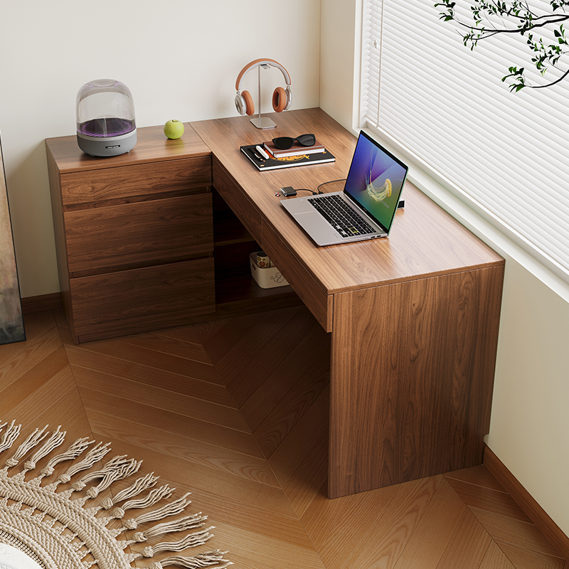 国补实木转角书桌书柜组合一体家用办公电脑桌现代简约卧室学习桌