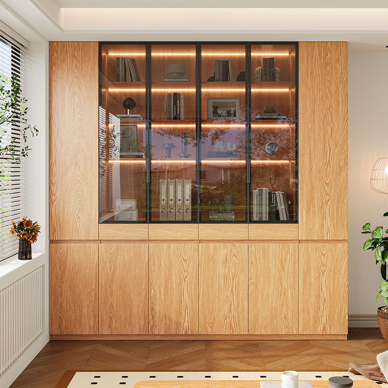 国补实木书柜一体整墙储物柜书架客厅靠墙玻璃门橡木色置物展示柜