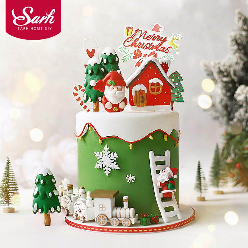 santa claus elk train tree christmas cake toppers happy new
