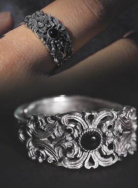 黑玛瑙吉祥繁花戒指复古