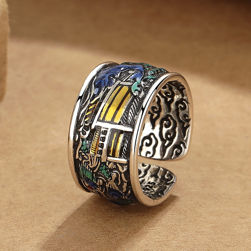 国风复古景泰蓝珐琅鱼跃龙门戒指男女时尚简约民族风个性创意指环