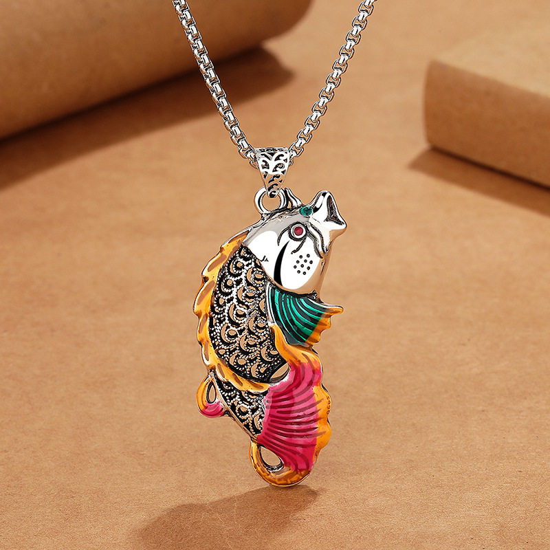 景泰蓝珐琅掐丝镂空锦鲤项链男女同款滴胶工艺年年有余民族风饰品