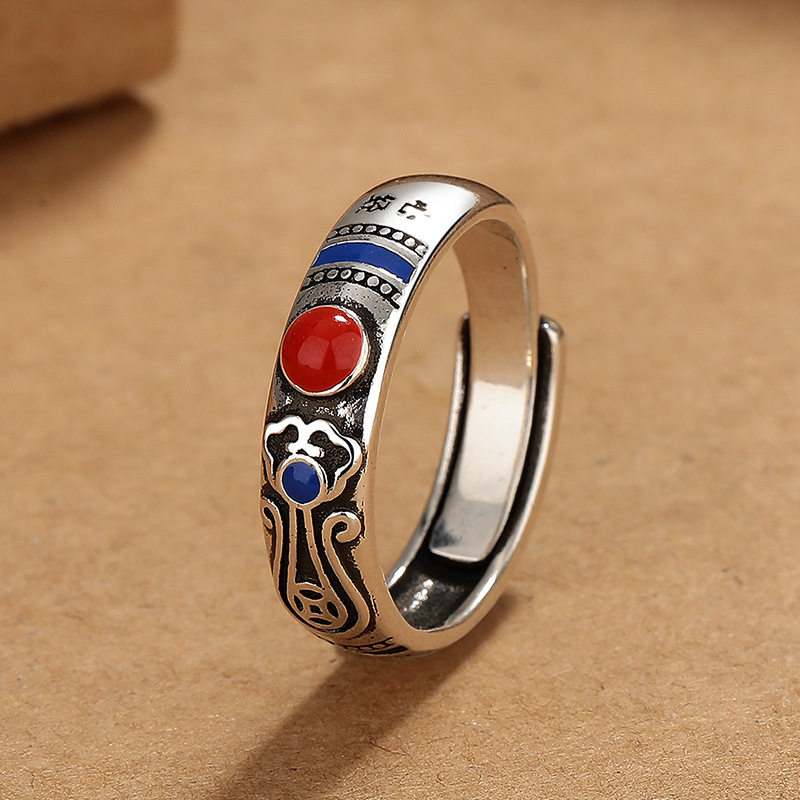 景泰蓝珐琅心经如意戒指男女国潮文艺复古做旧工艺开口可调节指环