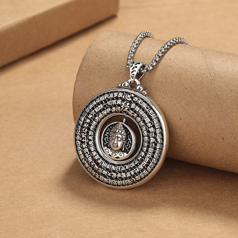 国潮佛头心经平安扣吊坠男潮流个性可转动项链镂空复古民族风饰品