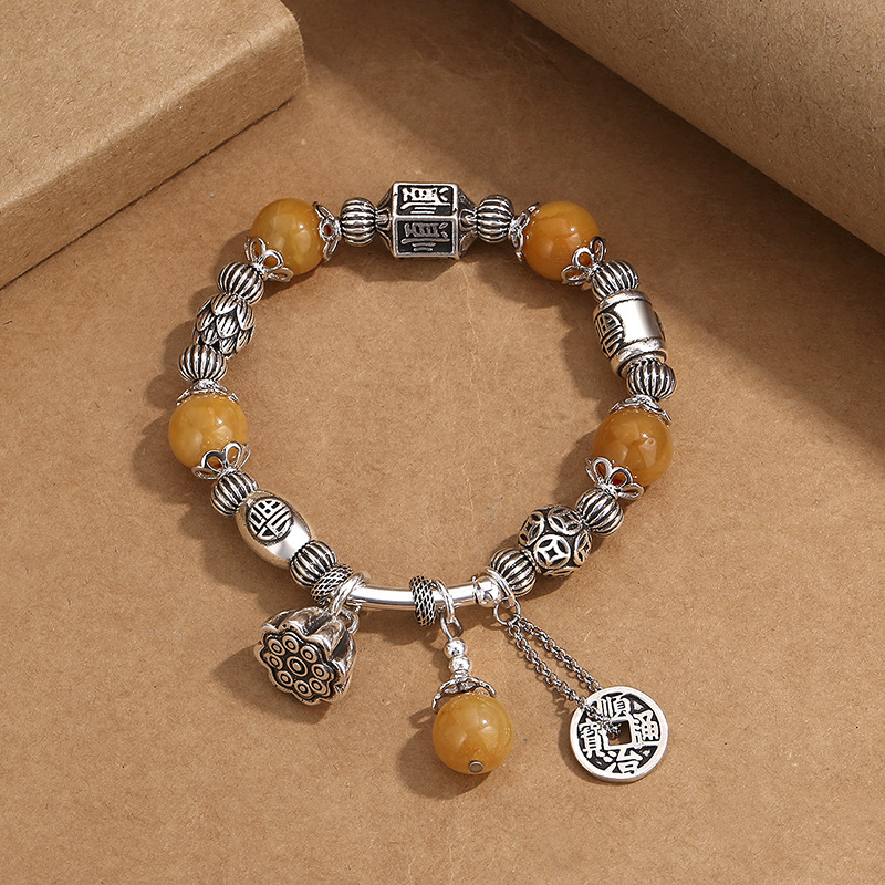 国潮复古黄龙玉石流苏手链女时尚民族风铜钱做旧手工女士手串手绳