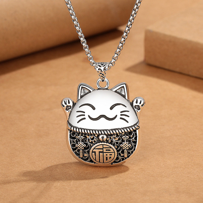复古中国结福字招财猫吊坠女做旧镂空个性气质卡通猫咪民族风项链