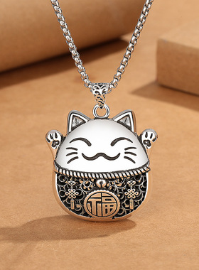 复古中国结福字招财猫吊坠女做旧镂空个性气质卡通猫咪民族风项链