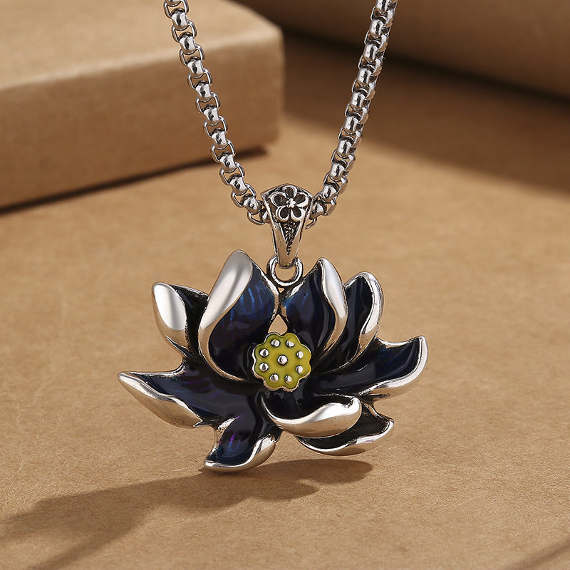 复古景泰蓝珐琅莲花项链女民族风气质花卉时尚送朋友礼物挂坠吊坠