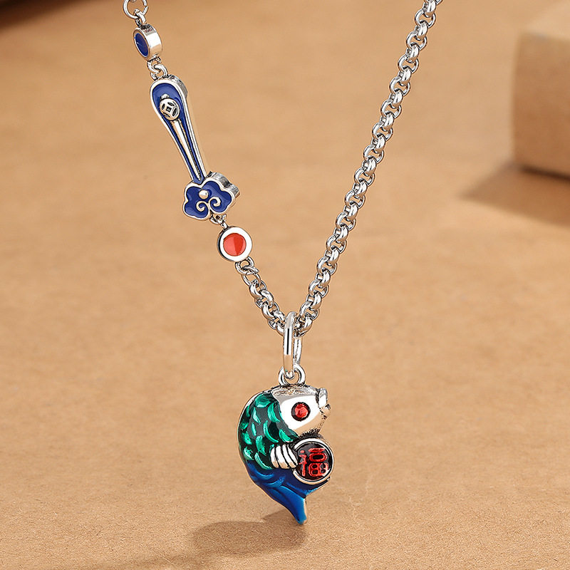 景泰蓝珐琅福字锦鲤项链女滴胶工艺国风风复古文艺范小众设计饰品