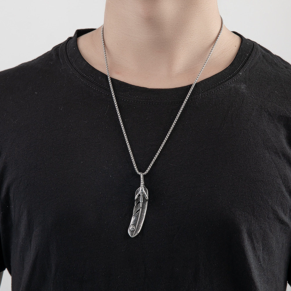 欧美流行个性复古羽毛钛钢项链男  ins冷淡风不锈钢铸造吊坠 配饰