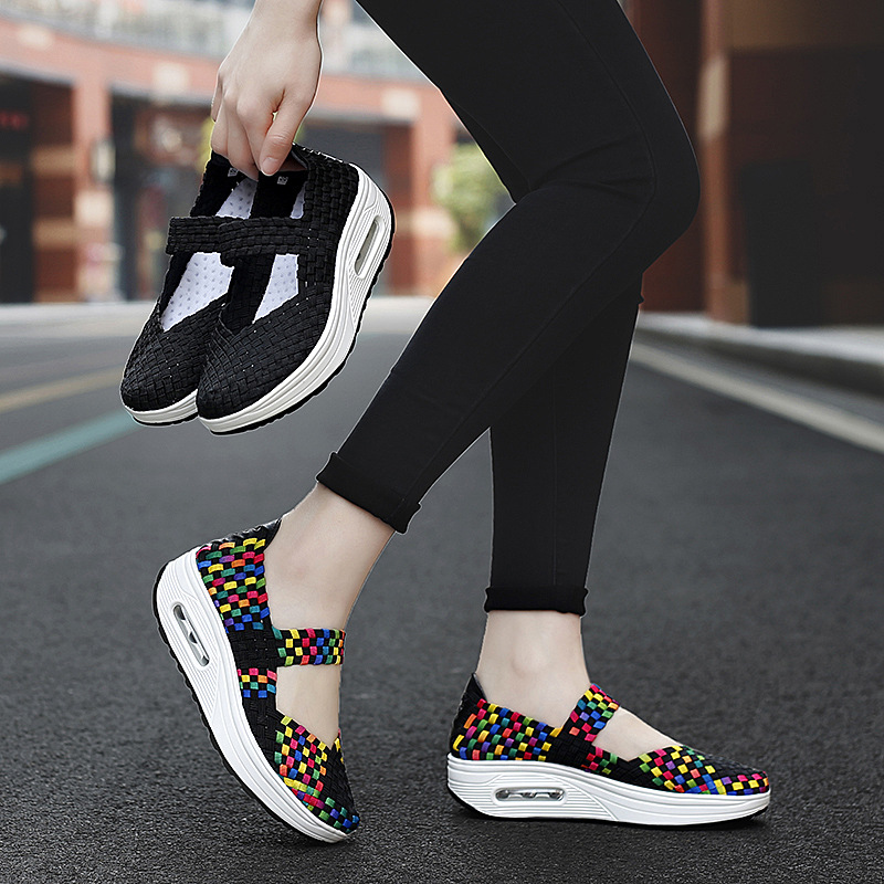 2020春季新款外贸编织鞋女鞋厚底坡跟松糕鞋百搭舒适妈妈鞋休闲鞋