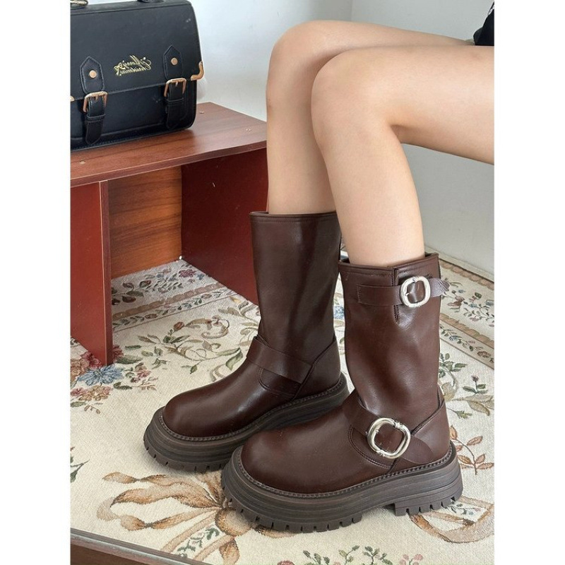 白鹿同款美拉德复古短靴女骑士靴棕色西部牛仔马丁靴女批发单靴子