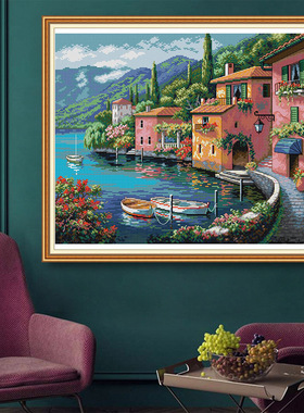 NKF十字绣小幅风景 水边的彩屋客厅装饰画自绣刺绣套件布艺工艺品