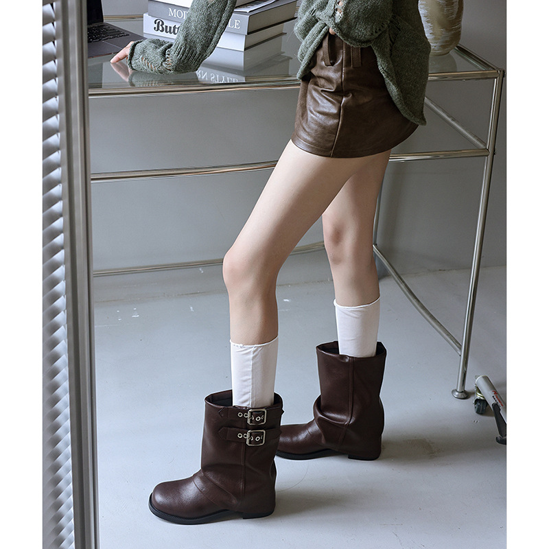 2025秋冬新款韩版翻折靴百搭褶皱堆堆靴皮带扣粗跟牛皮中筒马丁靴