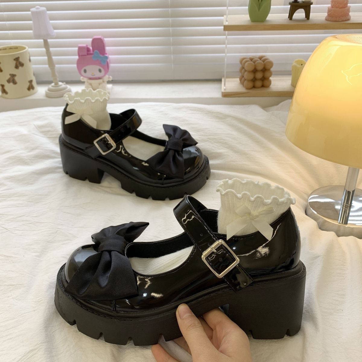 粗跟蝴蝶结搭扣玛丽珍鞋浅口乐福鞋女2025夏季小皮鞋软底通勤单鞋