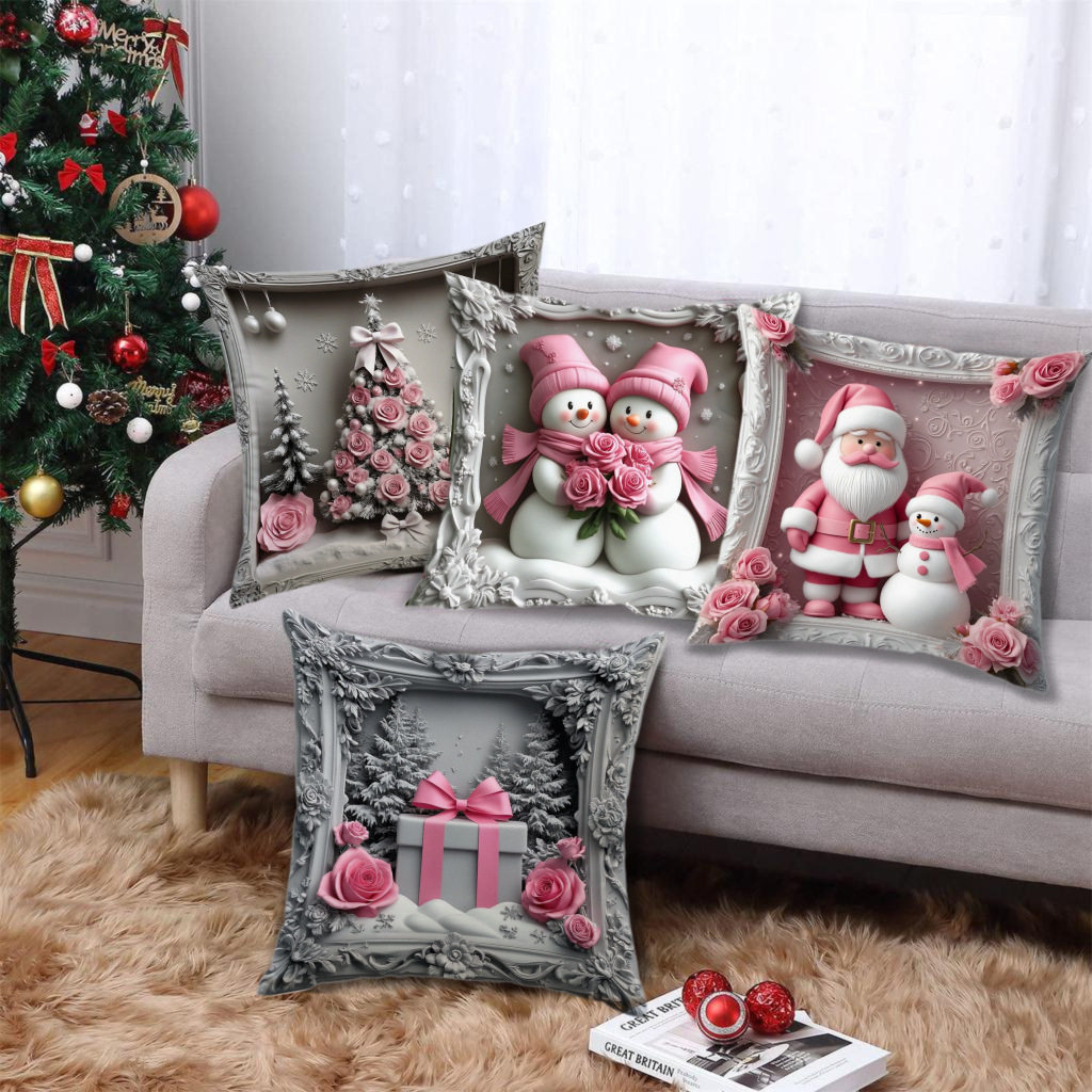 新款粉色圣诞节抱枕套氛围装饰印花亚麻家用沙发卧室腰枕靠垫抱枕