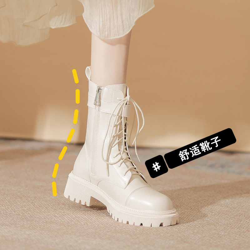 网红马丁靴女2024秋冬新款厚底加绒潮流中筒靴百搭圆头帅气机车靴