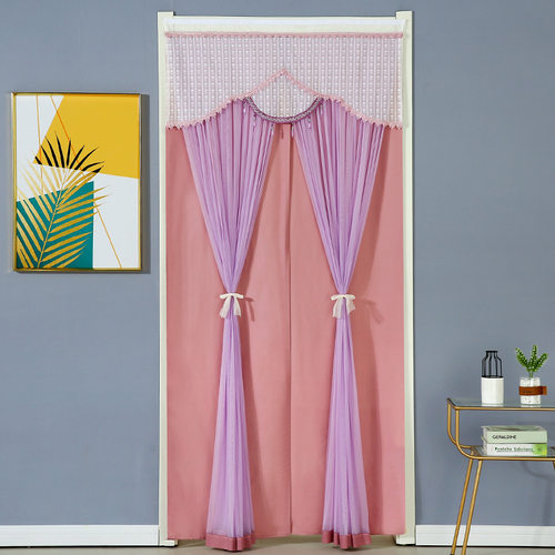 新款紫色双层长门帘四季遮挡隐私帘卧室家用免打孔魔术贴自粘帘