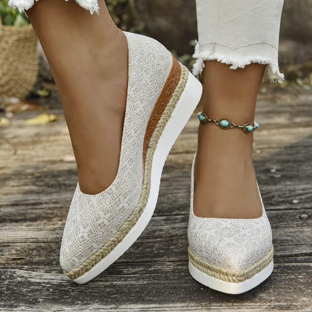 跨境欧美大码2025新款编织麻绳松糕底浅口透气蛇皮纹尖头女士单鞋