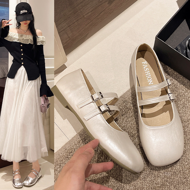 绝美平底银色单鞋女2025新款夏配裙子玛丽珍豆豆小皮鞋芭蕾晚晚