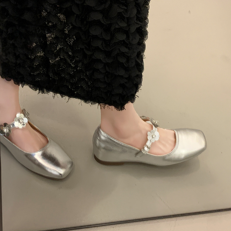 内增高5cm银色亮片浅口芭蕾单鞋女2025温柔百搭配裙子玛丽珍鞋女