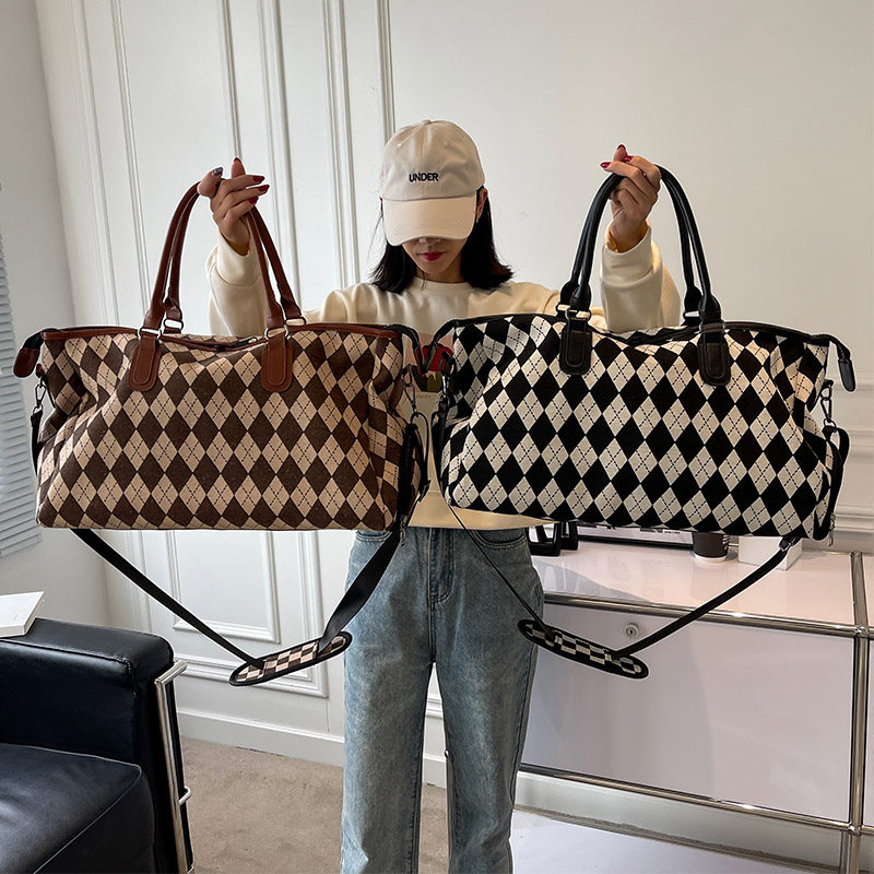 手提旅行包大容量女高级感健身包时尚格子待产收纳包短途行李包袋