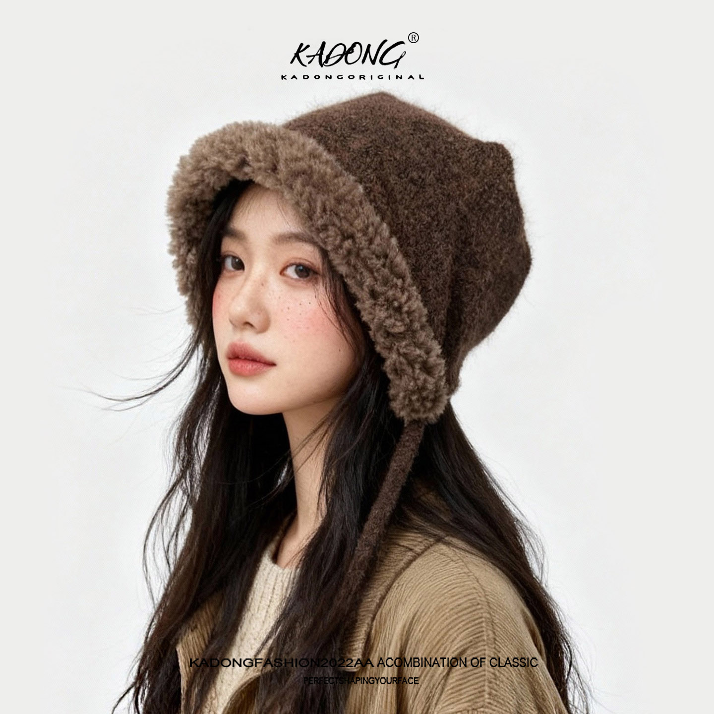 羊羔毛毛边堆堆帽子女冬2025新款大头围绑带针织包头帽保暖显脸小