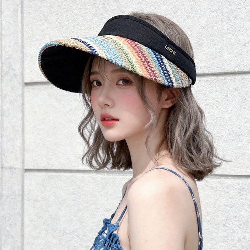 空顶防晒帽女夏季防紫外线大帽檐彩虹吸折遮阳草帽骑车遮脸太阳帽