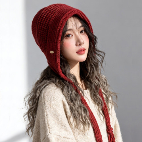 新款时尚宽松流苏红色毛线帽子女秋冬季保暖手工辫子包头针织帽潮