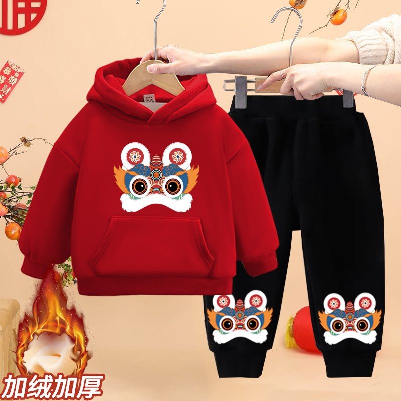 儿童套装宝宝喜庆拜年服男童卫衣女童上衣童装冬装过年服两件套潮