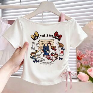 女童短款抽绳斜肩上衣纯棉夏季新款HelloKitty卡通儿童装短袖T恤