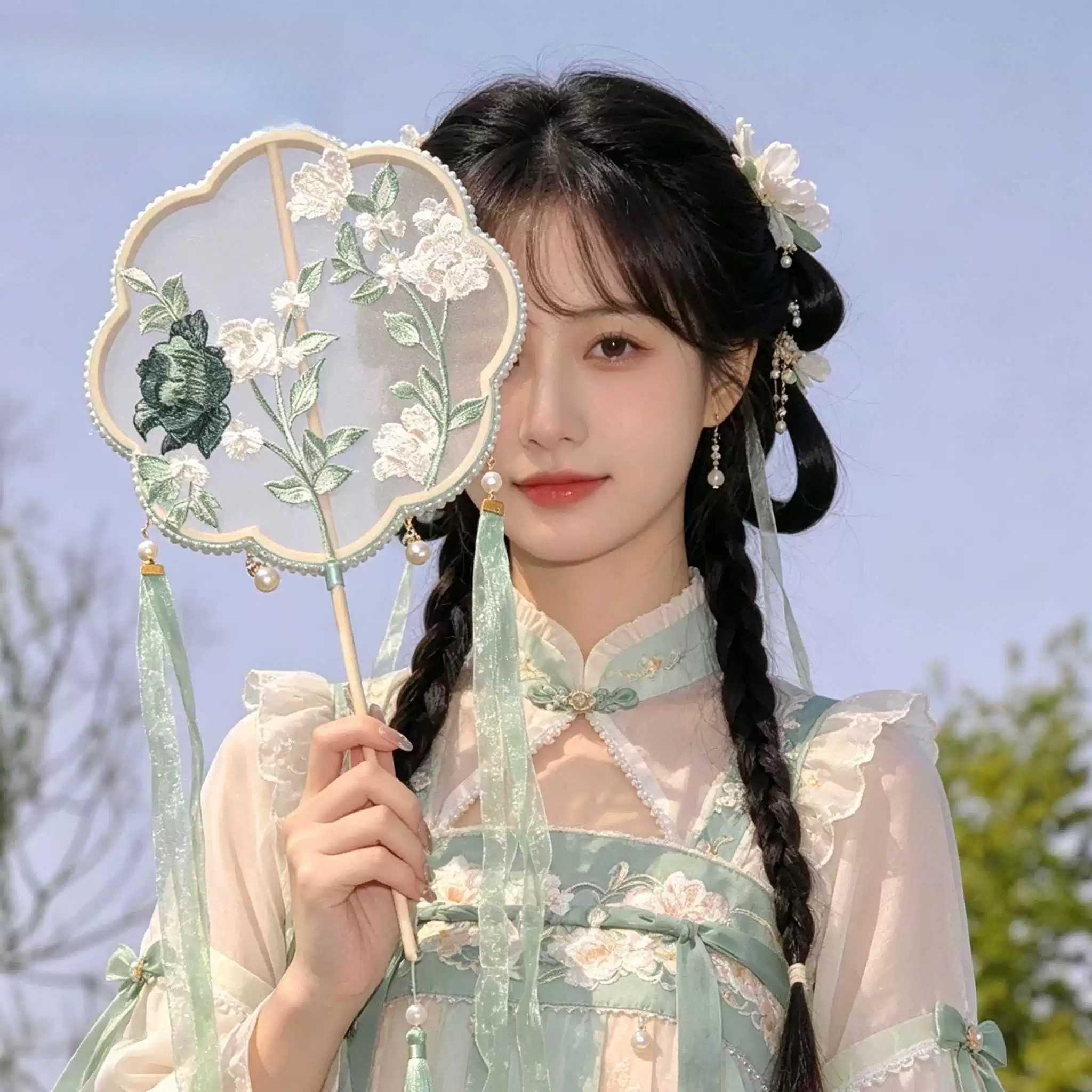 团扇古风超仙流苏飘带扇子汉服儿童跳舞扇拍照汉服配饰手拿道具扇