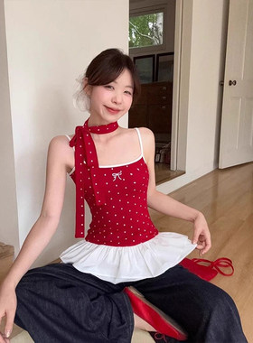 芭蕾风红色波点蝴蝶结吊带背心2026夏设计感拼接荷叶边飘带上衣女