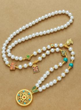 新款国风福气满满圆牌吊坠珍珠长款毛衣项链新中式轻奢小众配饰品