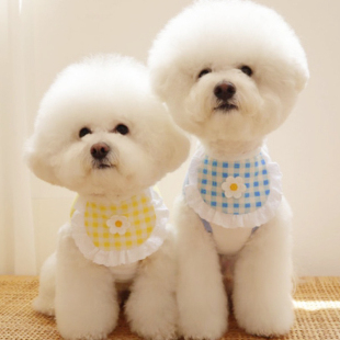 韩国ins可爱狗狗格子蕾丝围兜宠物口水巾比熊马尔济斯犬围脖猫咪