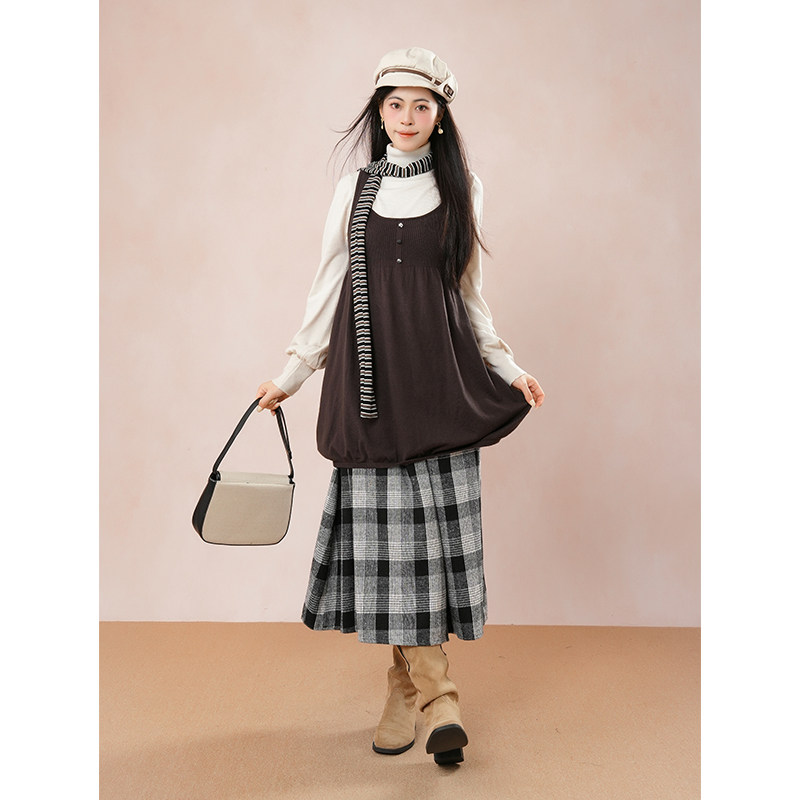 【慵懒假日】秋冬法式复古套装上衣花苞背心格纹长款半身裙三件套