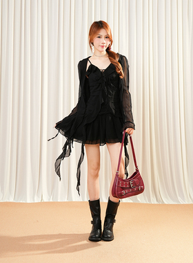 纯欲开衫荷叶边不规则绑带短裙女夏季新款收腰显瘦小黑裙套装