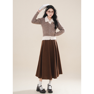 「燕麦拿铁」美拉德假两件毛衣女气质显瘦上衣棕色长裙套装 女