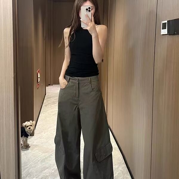 秋季美式辣妹时尚潮流白色工装裤女休闲裤宽松百搭阔腿裤拖地裤子