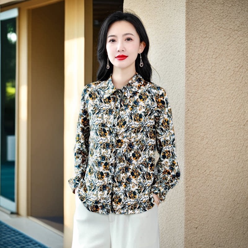 长袖衬衫女装早秋季碎花洋气新款妈妈装时尚印花气质衬衣上衣小衫