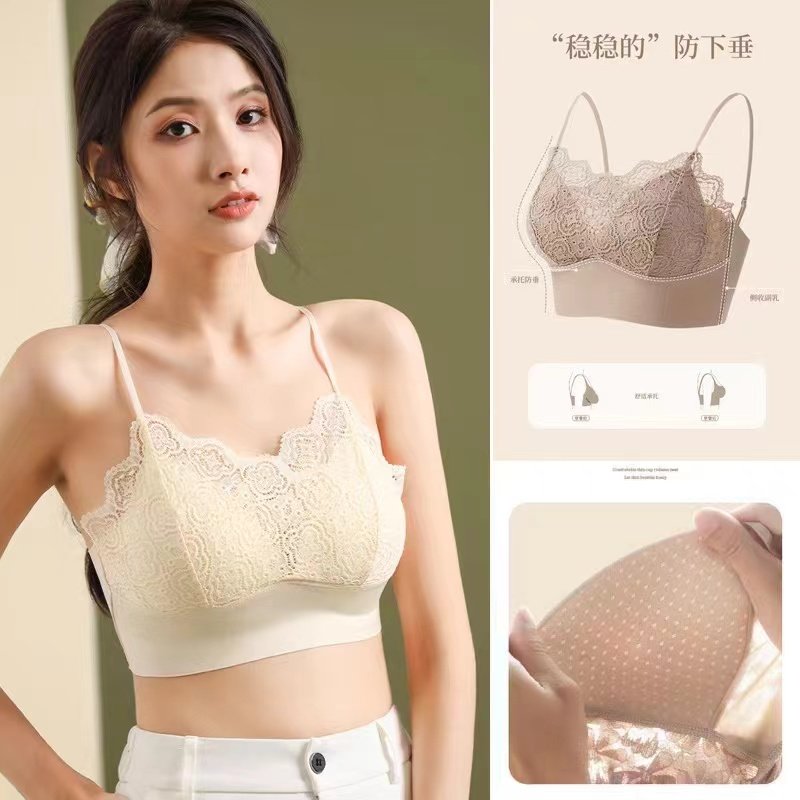 蕾丝美背固定杯一体无痕乳胶棉内衣小背心性感吊带聚拢大码文胸潮