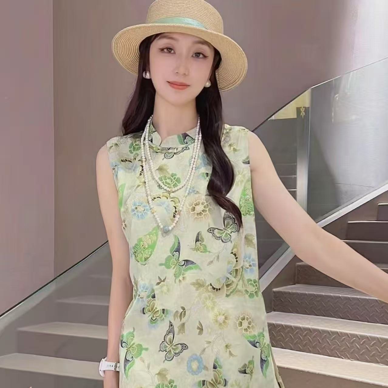 夏季新中式桑缎无袖旗袍衬衫