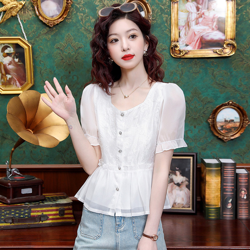 修身时尚拼接雪纺短袖女2026夏季新款洋气蕾丝收腰上衣显瘦百搭