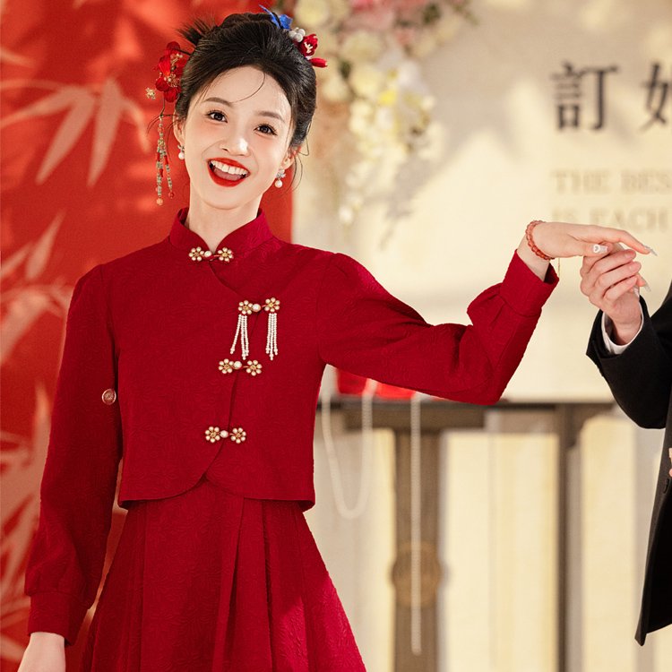 敬酒服新娘长袖新中式旗袍红色结婚订婚礼服连衣裙小个子回门便装