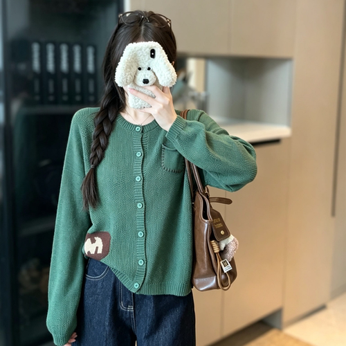 时尚大码韩系慵懒风圆领针织外套复古森系慵懒松弛感开胸毛衣上衣