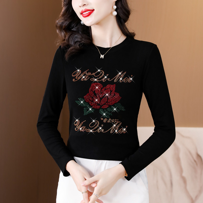 2026春季新款重工花朵烫钻大码妈妈装气质圆领长袖高弹棉t恤韩版,女装/女士精品,T恤,淘宝优惠券,粉丝福利购,淘宝优惠卷